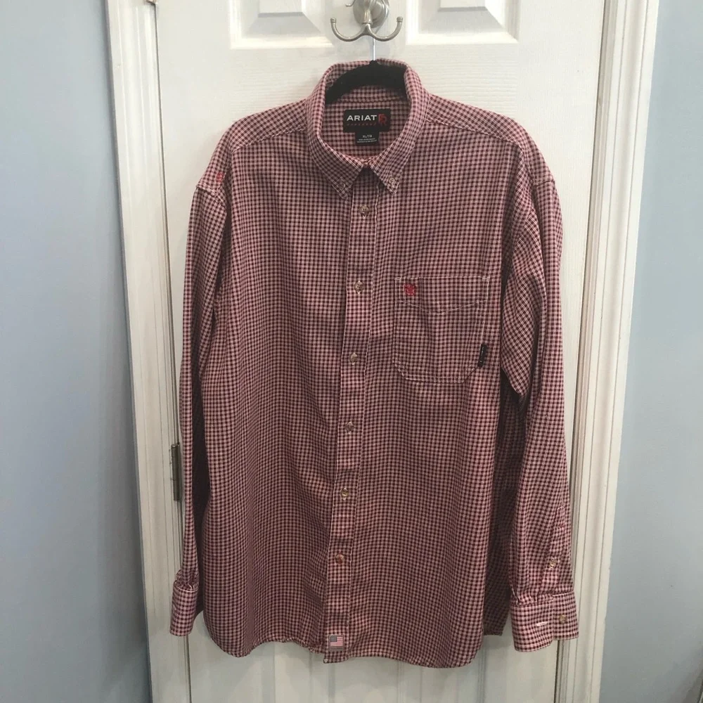 Ariat FR Work Shirt Men's Red Wine Check Plaid CAT 2 8.9 ATPV Flame Resistant